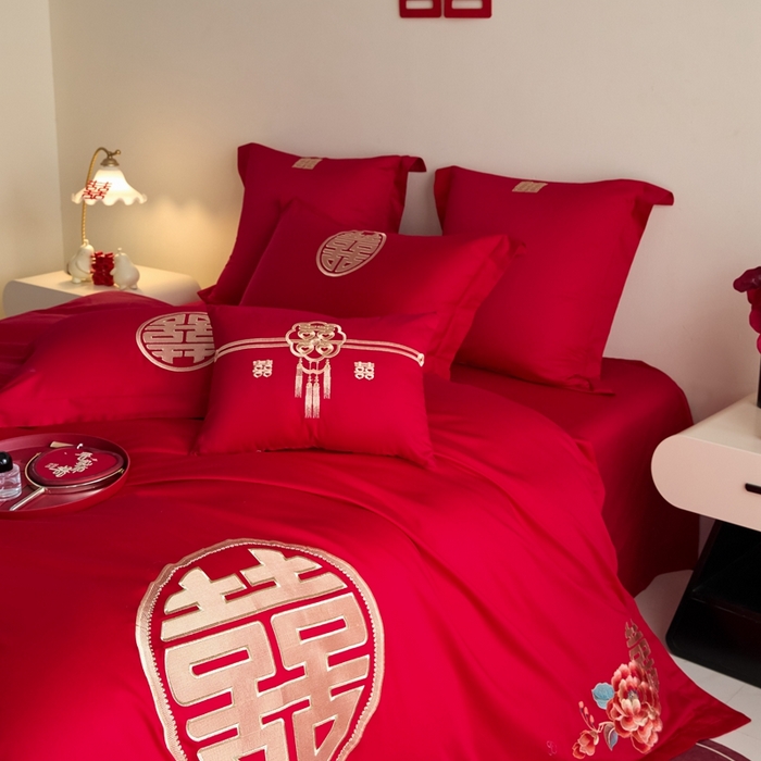 91家纺网 家纺一手货源 找家纺 东方合美（原：皇家传奇） 2025新款婚庆小红书化纤系列四件套(控价138/148） 喜临门