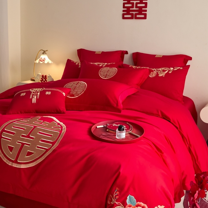 91家纺网 家纺一手货源 找家纺 东方合美（原：皇家传奇） 2025新款婚庆小红书化纤系列四件套(控价138/148） 喜临门