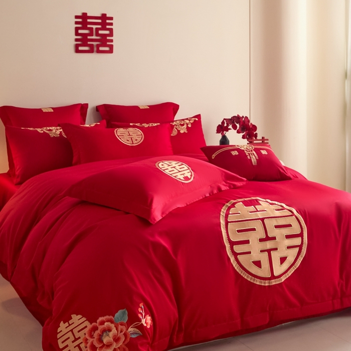 91家纺网 家纺一手货源 找家纺 东方合美（原：皇家传奇） 2025新款婚庆小红书化纤系列四件套(控价138/148） 喜临门