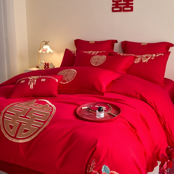 91家纺网 家纺一手货源 找家纺 东方合美（原：皇家传奇） 2025新款婚庆小红书化纤系列四件套(控价138/148） 喜临门