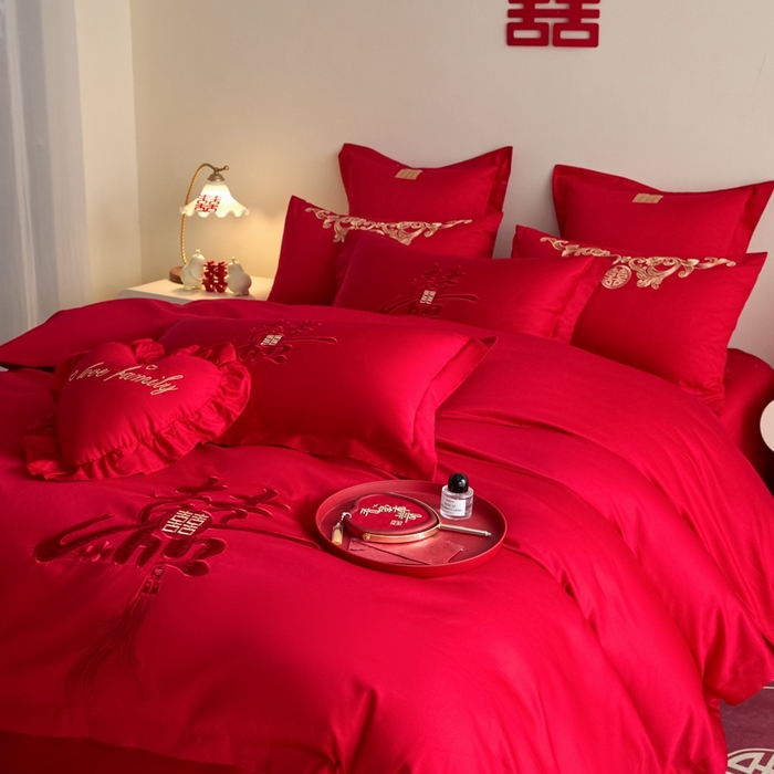 91家纺网 家纺一手货源 找家纺 东方合美（原：皇家传奇） 2025新款婚庆小红书化纤系列四件套(控价138/148） 新婚喜乐