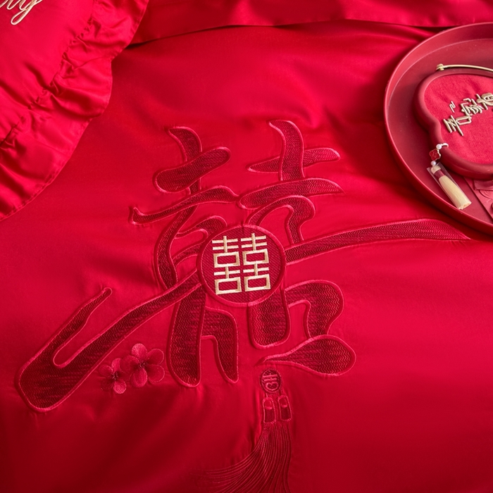 91家纺网 家纺一手货源 找家纺 东方合美（原：皇家传奇） 2025新款婚庆小红书化纤系列四件套(控价138/148） 新婚喜乐