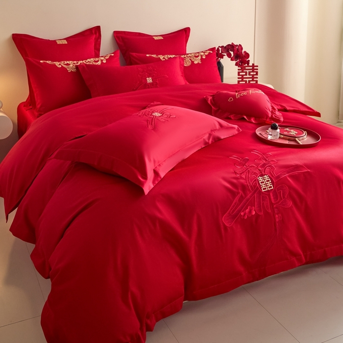 91家纺网 家纺一手货源 找家纺 东方合美（原：皇家传奇） 2025新款婚庆小红书化纤系列四件套(控价138/148） 新婚喜乐