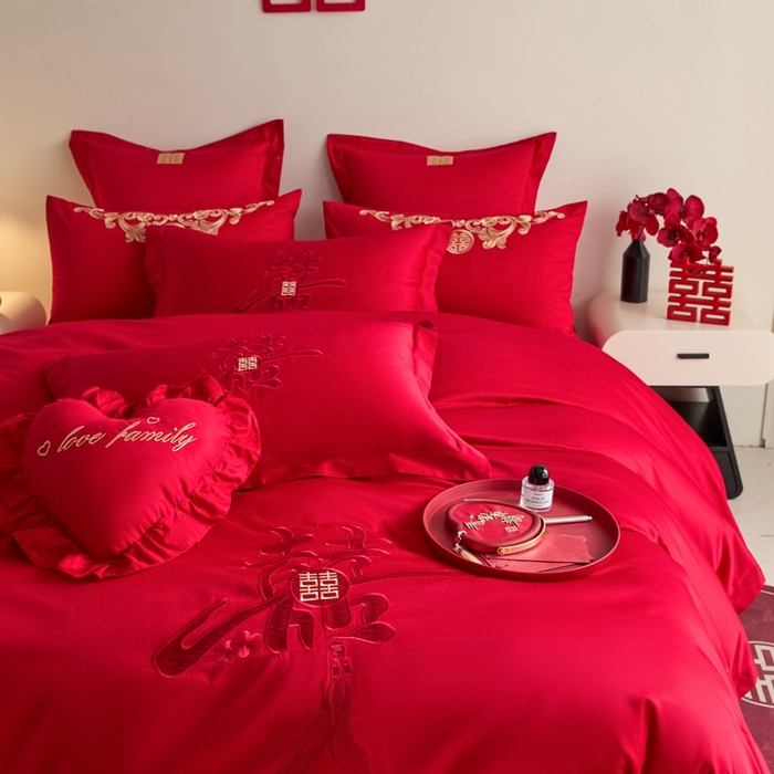 91家纺网 家纺一手货源 找家纺 东方合美（原：皇家传奇） 2025新款婚庆小红书化纤系列四件套(控价138/148） 新婚喜乐