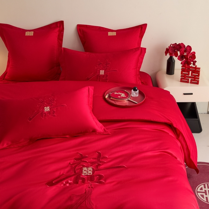 91家纺网 家纺一手货源 找家纺 东方合美（原：皇家传奇） 2025新款婚庆小红书化纤系列四件套(控价138/148） 新婚喜乐