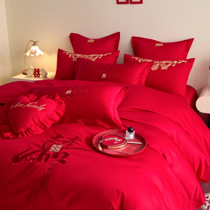 91家纺网 家纺一手货源 找家纺 东方合美（原：皇家传奇） 2025新款婚庆小红书化纤系列四件套(控价138/148） 新婚喜乐