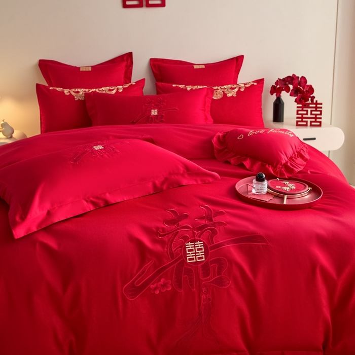 91家纺网 家纺一手货源 找家纺 东方合美（原：皇家传奇） 2025新款婚庆小红书化纤系列四件套(控价138/148） 新婚喜乐