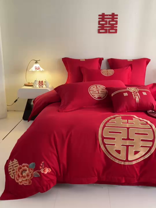 91家纺网 家纺一手货源 找家纺 东方合美（原：皇家传奇） 2025新款婚庆小红书化纤系列四件套(控价138/148） 喜临门