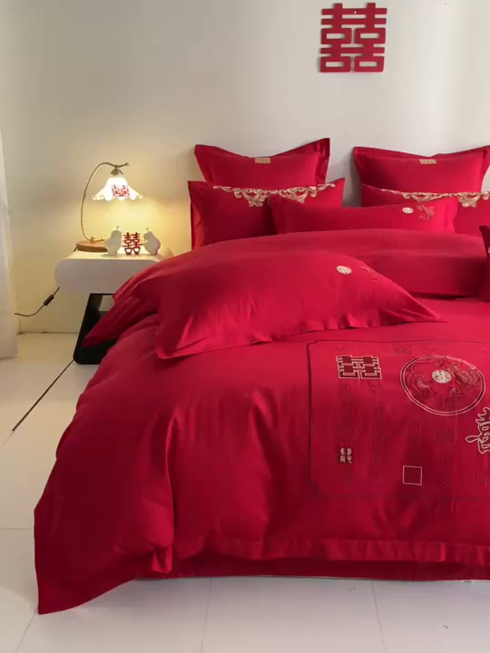 91家纺网 家纺一手货源 找家纺 东方合美（原：皇家传奇） 2025新款婚庆小红书化纤系列四件套(控价138/148） 喜嫁