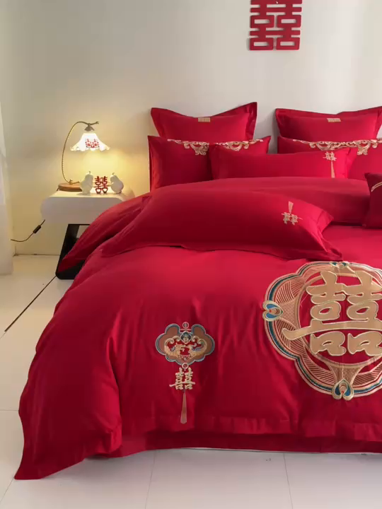 91家纺网 家纺一手货源 找家纺 东方合美（原：皇家传奇） 2025新款婚庆小红书化纤系列四件套(控价138/148） 如意双喜