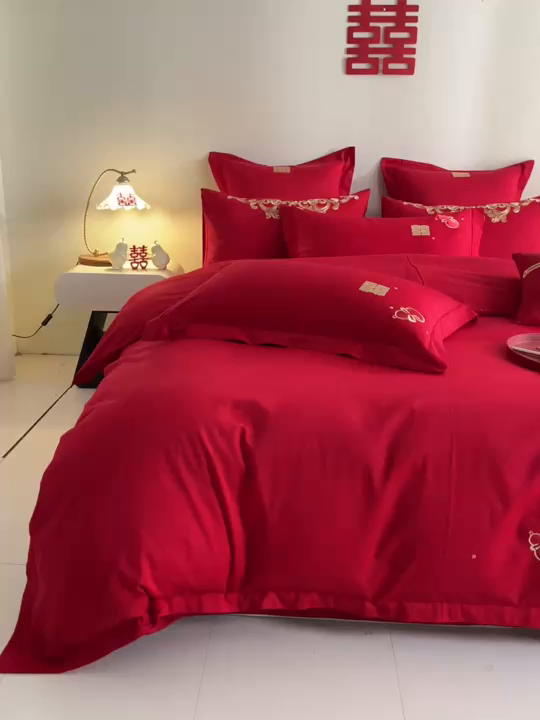 91家纺网 家纺一手货源 找家纺 东方合美（原：皇家传奇） 2025新款婚庆小红书化纤系列四件套(控价138/148） 福禄双喜