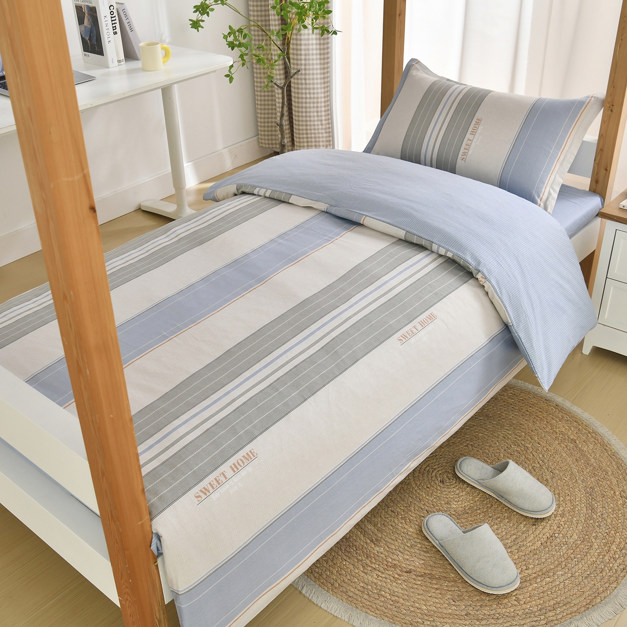 91家纺网 家纺一手货源 找家纺 乐旗家纺 2024新款13372全棉学生宿舍床单款三件套纯棉六件套 极简条纹