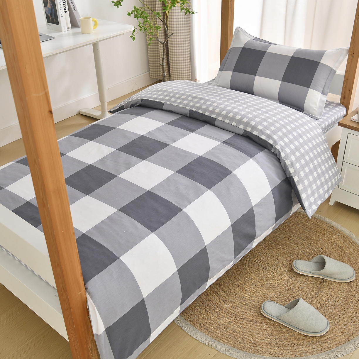 91家纺网 家纺一手货源 找家纺 乐旗家纺 2024新款13372全棉学生宿舍床单款三件套纯棉六件套 校园笔记-灰