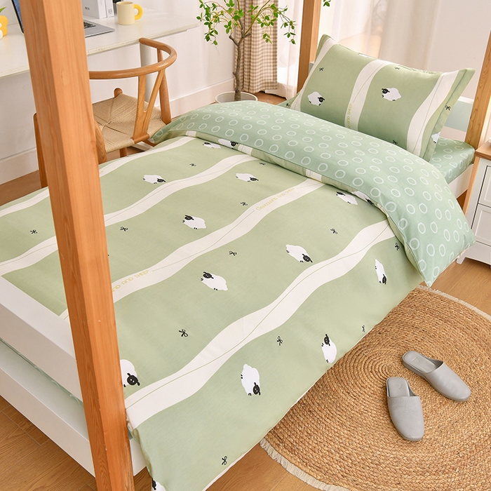 91家纺网 家纺一手货源 找家纺 乐旗家纺 2024新款13372全棉学生宿舍床单款三件套纯棉六件套 羊羊羊-绿