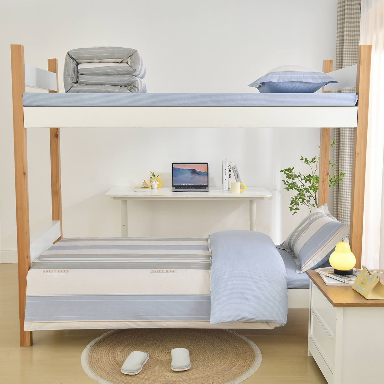 91家纺网 家纺一手货源 找家纺 乐旗家纺 2024新款13372全棉学生宿舍床单款三件套纯棉六件套 极简条纹