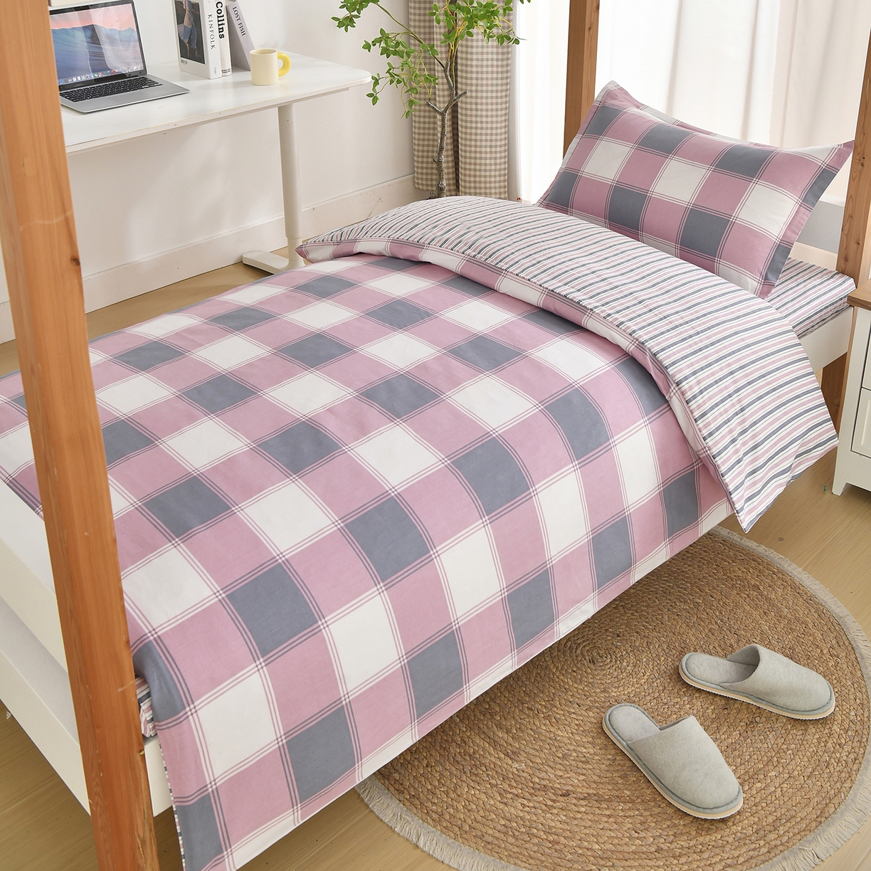 91家纺网 家纺一手货源 找家纺 乐旗家纺 2024新款13372全棉学生宿舍床单款三件套纯棉六件套 粉色记忆