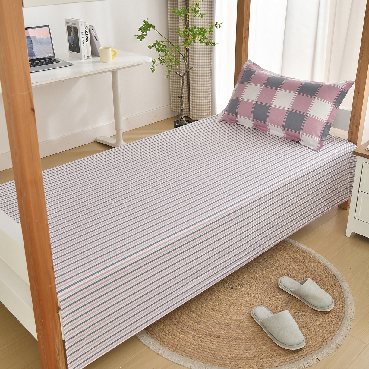 91家纺网 家纺一手货源 找家纺 乐旗家纺 2024新款13372全棉学生宿舍床单款三件套纯棉六件套 粉色记忆