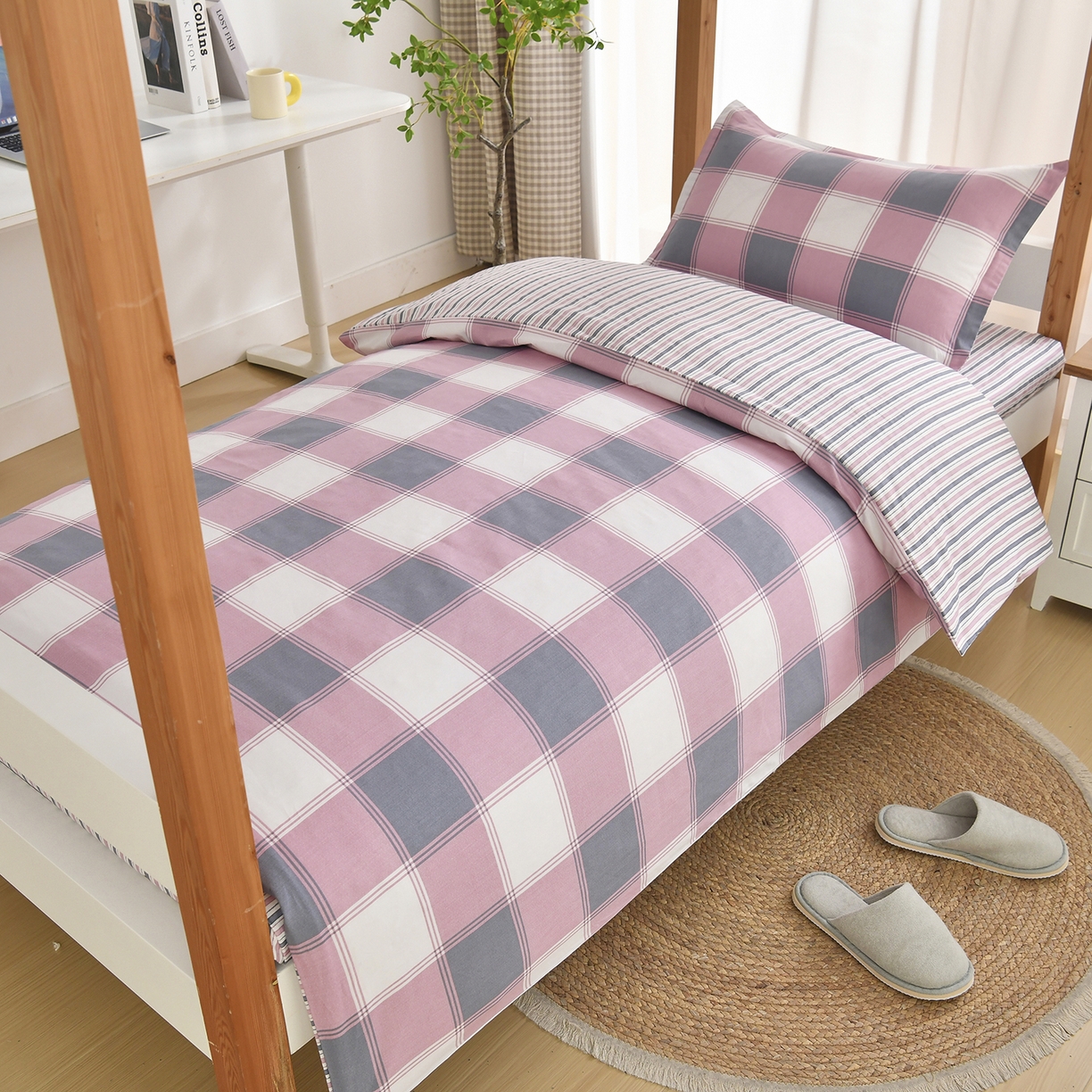 91家纺网 家纺一手货源 找家纺 乐旗家纺 2024新款13372全棉学生宿舍床单款三件套纯棉六件套 粉色记忆