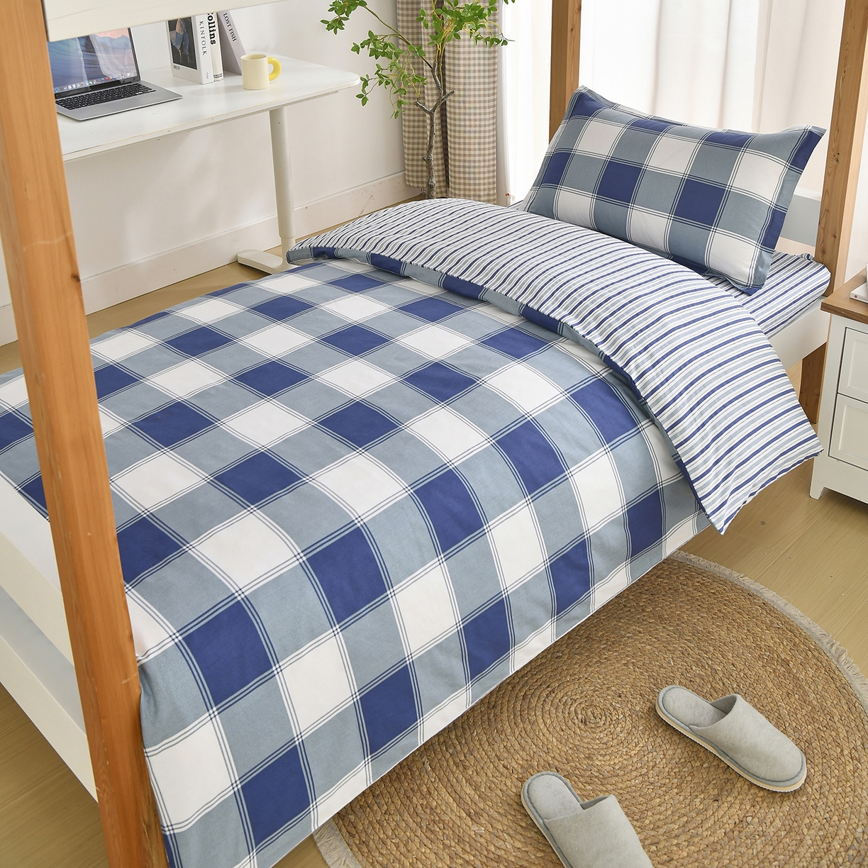 91家纺网 家纺一手货源 找家纺 乐旗家纺 2024新款13372全棉学生宿舍床单款三件套纯棉六件套 蓝色记忆