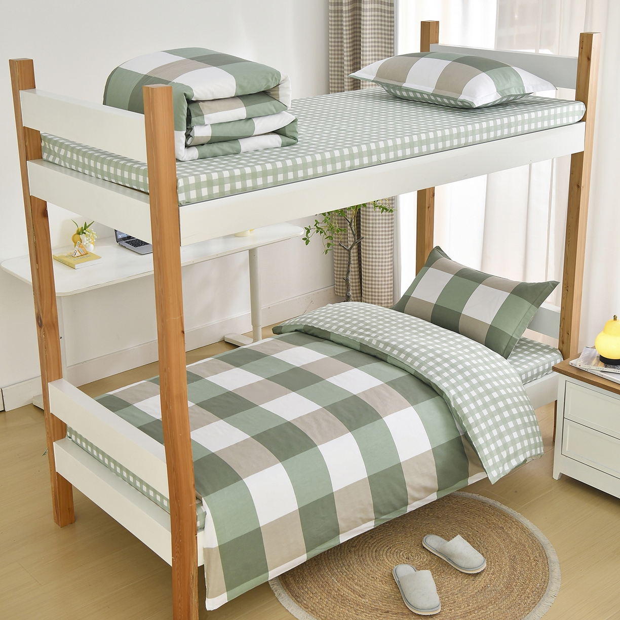 91家纺网 家纺一手货源 找家纺 乐旗家纺 2024新款13372全棉学生宿舍床单款三件套纯棉六件套 校园笔记-绿