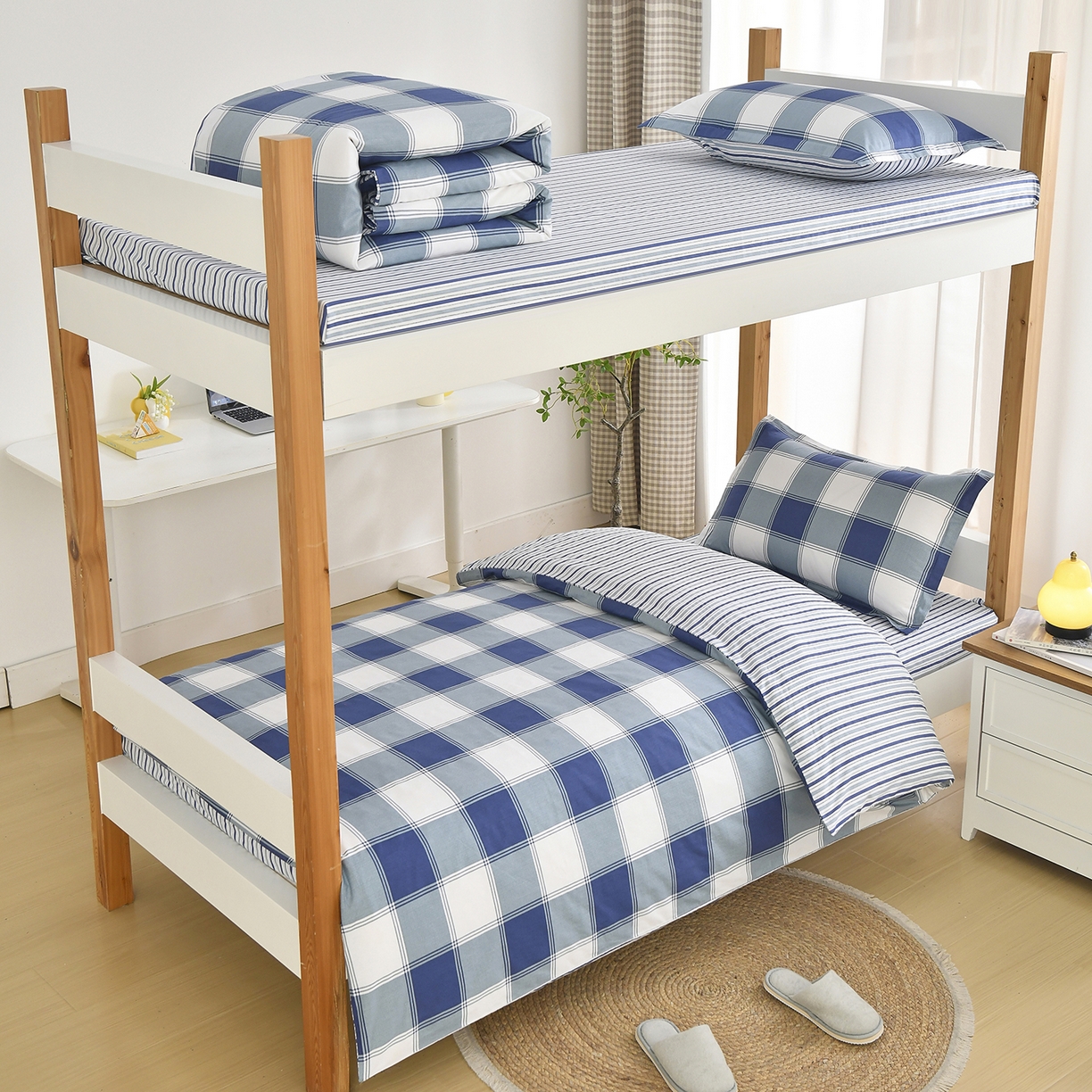 91家纺网 家纺一手货源 找家纺 乐旗家纺 2024新款13372全棉学生宿舍床单款三件套纯棉六件套 蓝色记忆