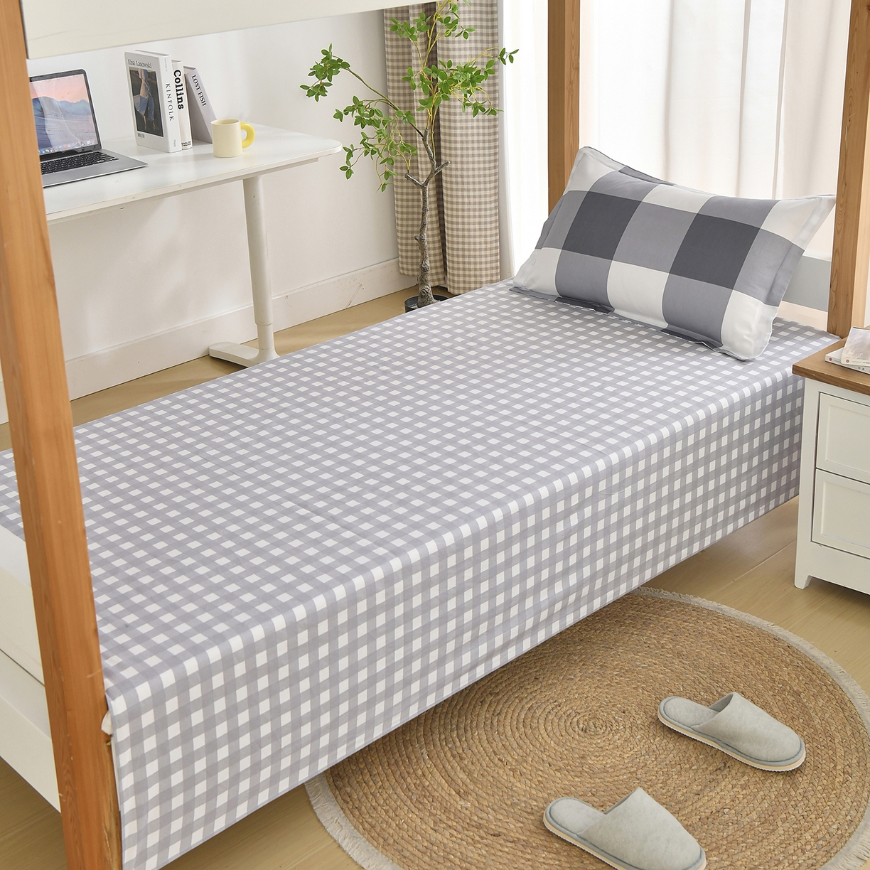 91家纺网 家纺一手货源 找家纺 乐旗家纺 2024新款13372全棉学生宿舍床单款三件套纯棉六件套 校园笔记-灰