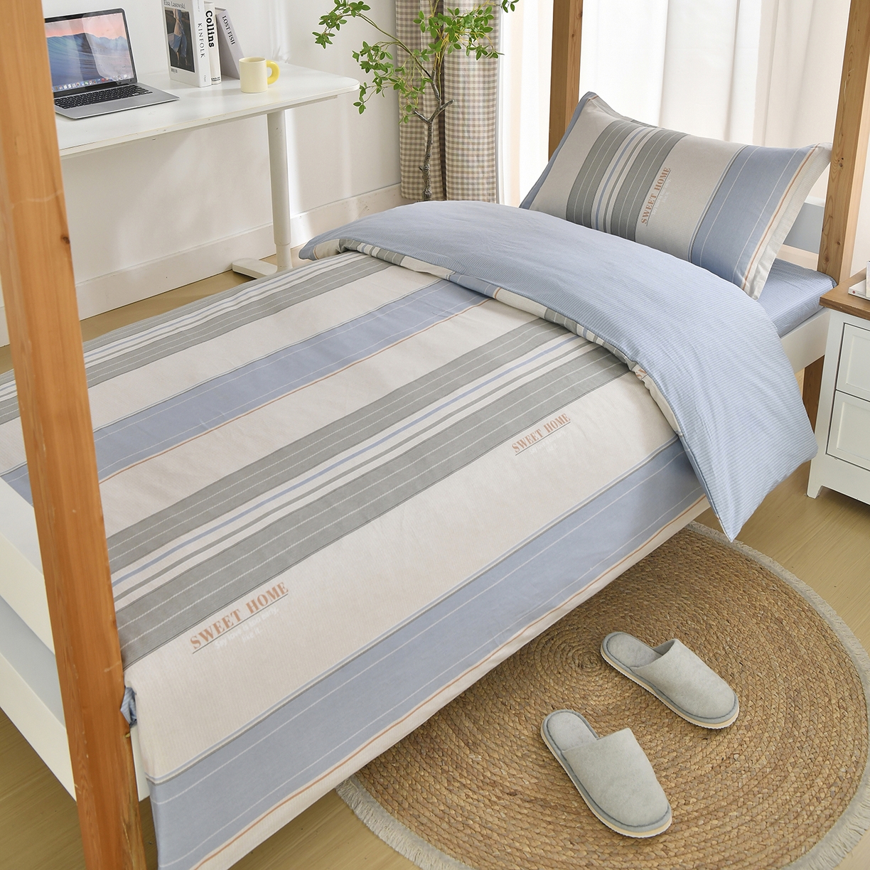 91家纺网 家纺一手货源 找家纺 乐旗家纺 2024新款13372全棉学生宿舍床单款三件套纯棉六件套 极简条纹