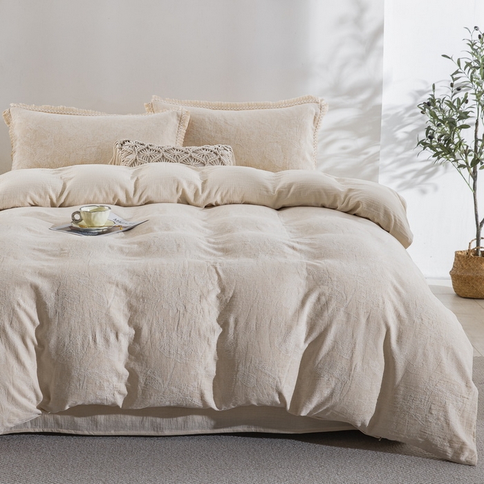 91家纺网 家纺一手货源 找家纺 鲁爱家纺供货 2025新款AB版棉麻工艺款四件套 素锦-原白