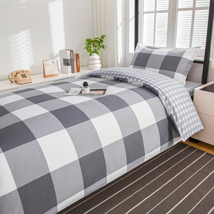 91家纺网 家纺一手货源 找家纺 乐旗家纺 2025新款A类AB版全棉环保印花学生上下铺宿舍三件套六件套 校园笔记-灰