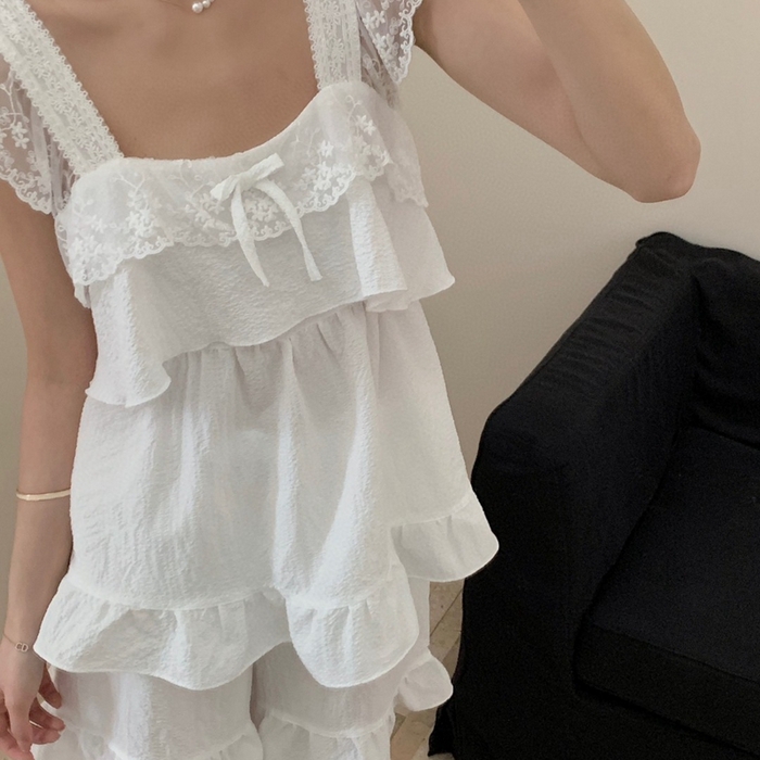 91家纺网 家纺一手货源 找家纺 妍景2025新款韩系吊带裙短裤套装 白色