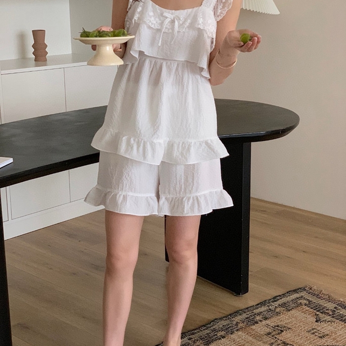 91家纺网 家纺一手货源 找家纺 妍景2025新款韩系吊带裙短裤套装 白色