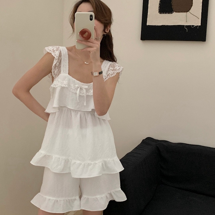 91家纺网 家纺一手货源 找家纺 妍景2025新款韩系吊带裙短裤套装 白色