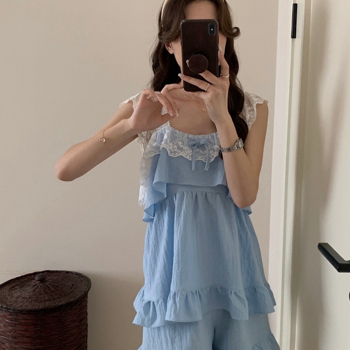 91家纺网 家纺一手货源 找家纺 妍景2025新款韩系吊带裙短裤套装 蓝色