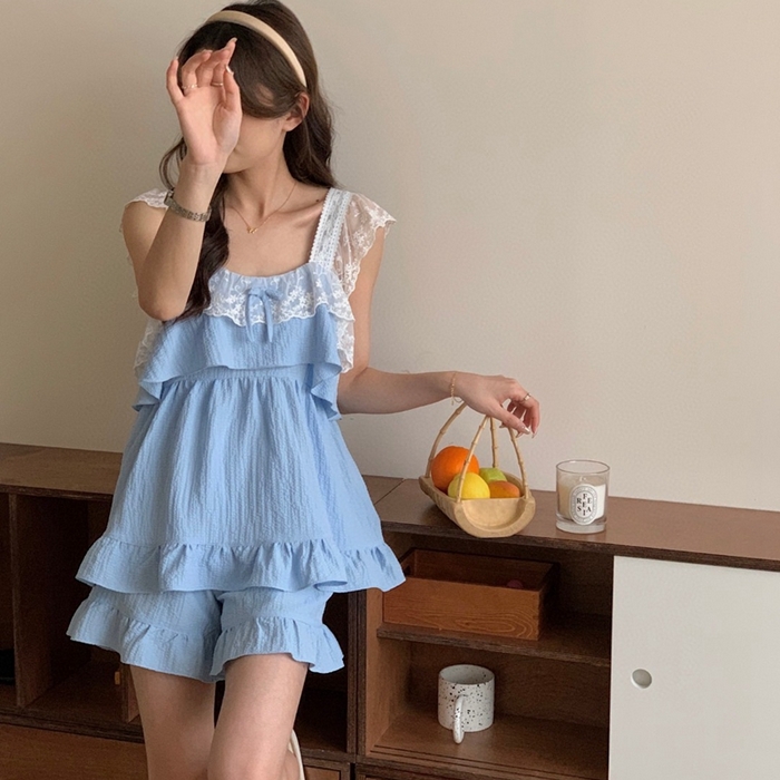 91家纺网 家纺一手货源 找家纺 妍景2025新款韩系吊带裙短裤套装 蓝色