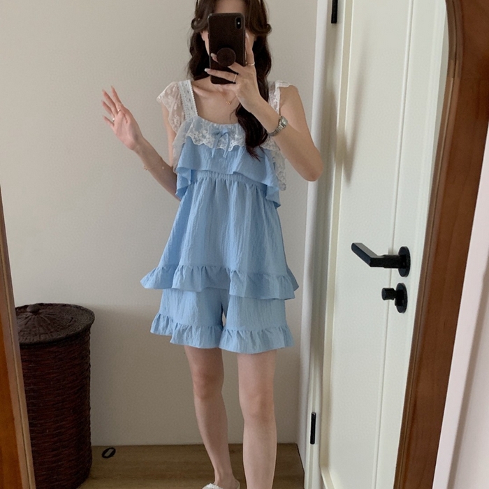 91家纺网 家纺一手货源 找家纺 妍景2025新款韩系吊带裙短裤套装 蓝色