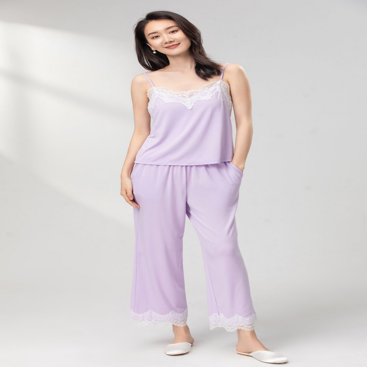 91家纺网 家纺一手货源 找家纺 妍景2025新款莫代尔吊带长裤套装 紫色