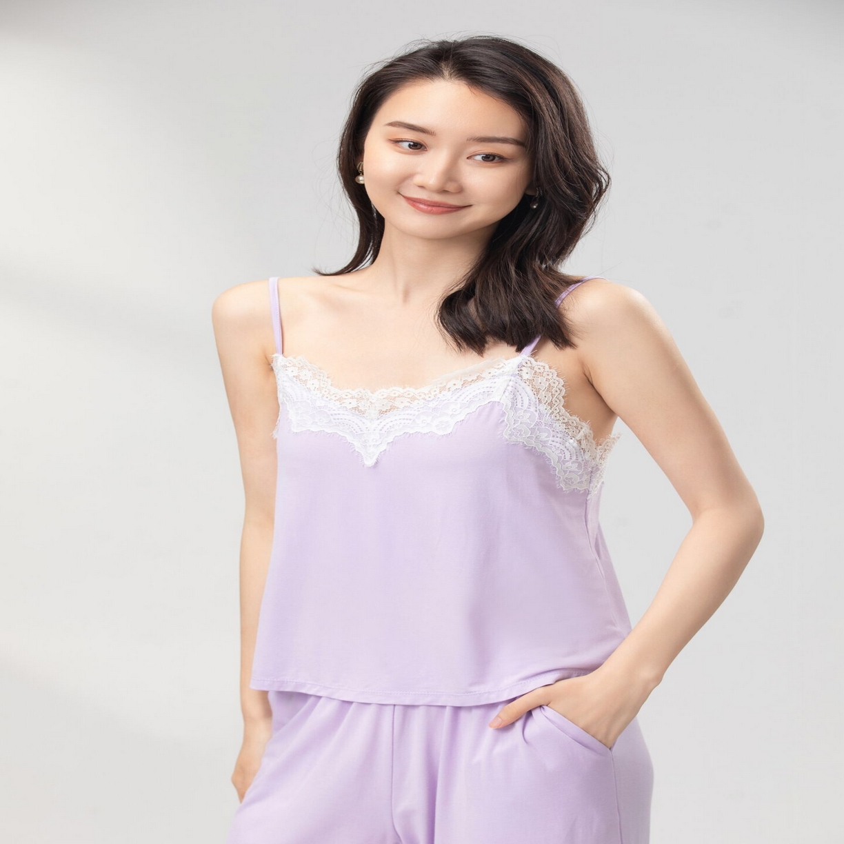 91家纺网 家纺一手货源 找家纺 妍景2025新款莫代尔吊带长裤套装 紫色