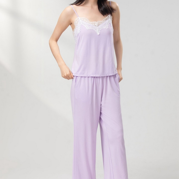 91家纺网 家纺一手货源 找家纺 妍景2025新款莫代尔吊带长裤套装 紫色