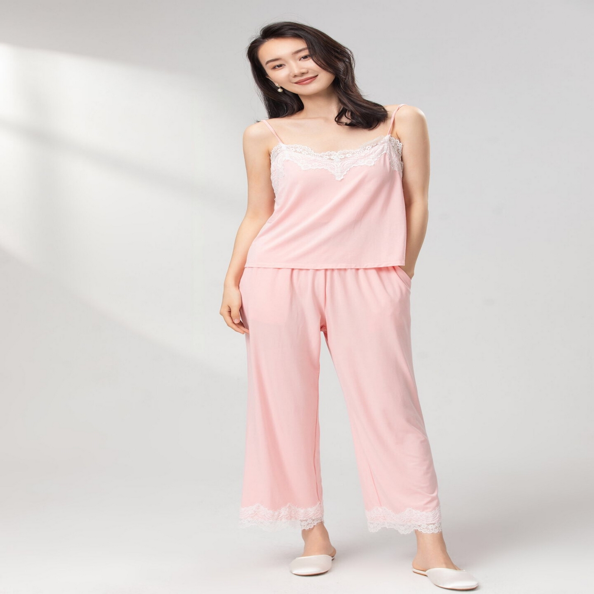 妍景2025新款莫代尔吊带长裤套装 粉色