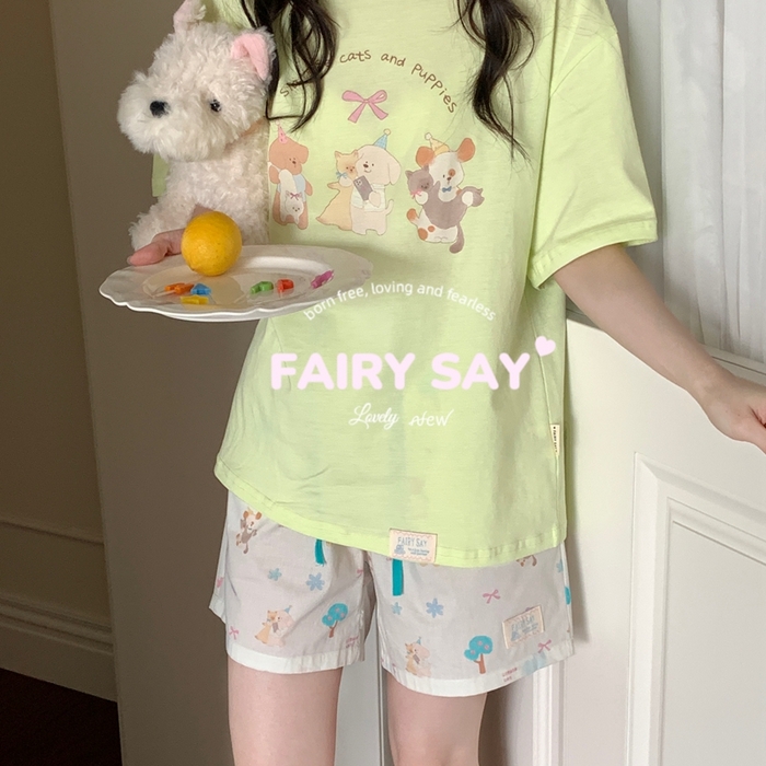 91家纺网 家纺一手货源 找家纺 妍景2025新款宅家少女睡衣短袖短裤 绿底猫咪