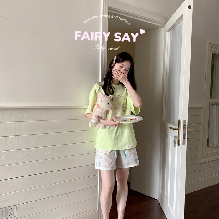 妍景2025新款宅家少女睡衣短袖短裤 绿底猫咪