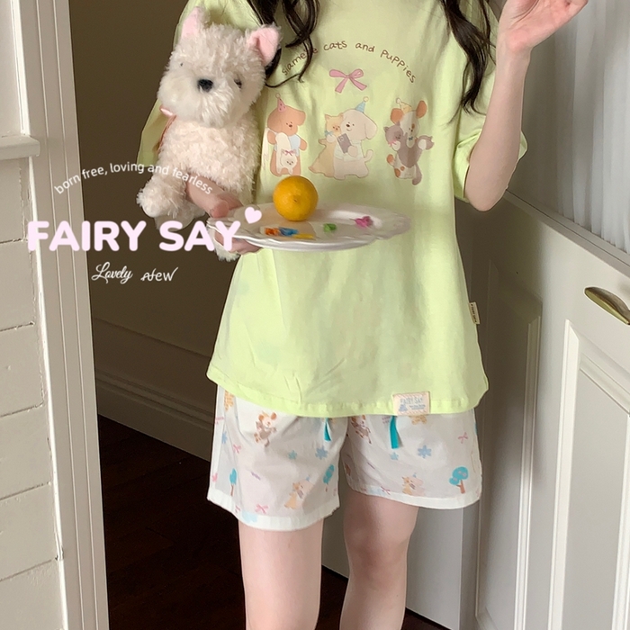 91家纺网 家纺一手货源 找家纺 妍景2025新款宅家少女睡衣短袖短裤 绿底猫咪