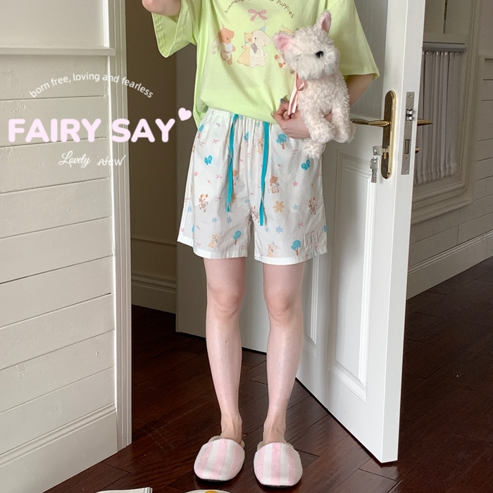 91家纺网 家纺一手货源 找家纺 妍景2025新款宅家少女睡衣短袖短裤 绿底猫咪