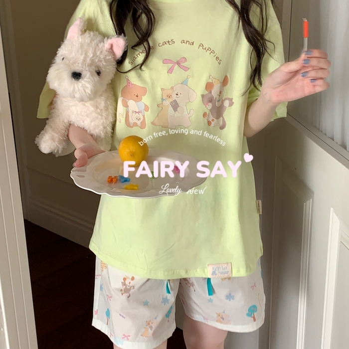 91家纺网 家纺一手货源 找家纺 妍景2025新款宅家少女睡衣短袖短裤 绿底猫咪