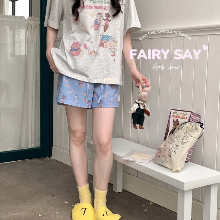 91家纺网 家纺一手货源 找家纺 妍景2025新款宅家少女睡衣短袖短裤 臭屁猫咪灰