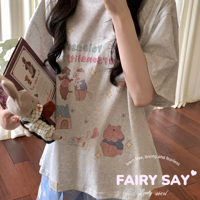 91家纺网 家纺一手货源 找家纺 妍景2025新款宅家少女睡衣短袖短裤 臭屁猫咪灰