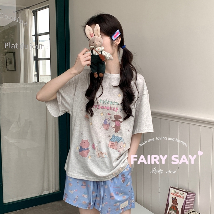 妍景2025新款宅家少女睡衣短袖短裤 臭屁猫咪灰