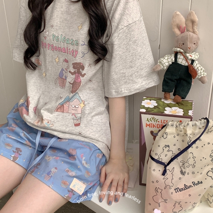 91家纺网 家纺一手货源 找家纺 妍景2025新款宅家少女睡衣短袖短裤 臭屁猫咪灰
