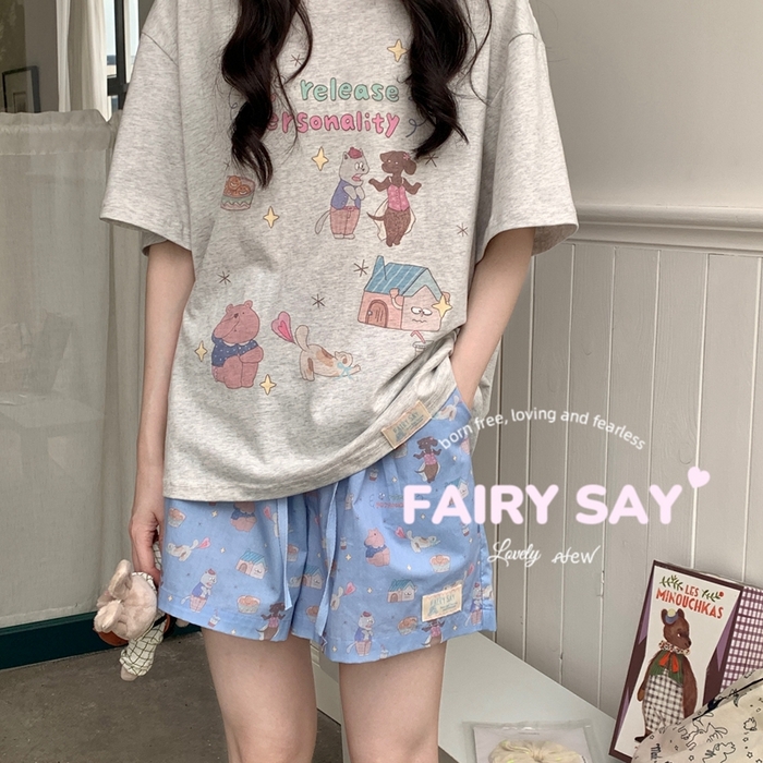 91家纺网 家纺一手货源 找家纺 妍景2025新款宅家少女睡衣短袖短裤 臭屁猫咪灰