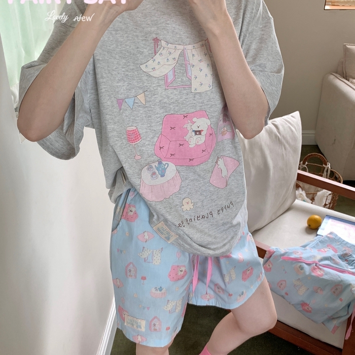 91家纺网 家纺一手货源 找家纺 妍景2025新款宅家少女睡衣短袖短裤 游戏狗狗